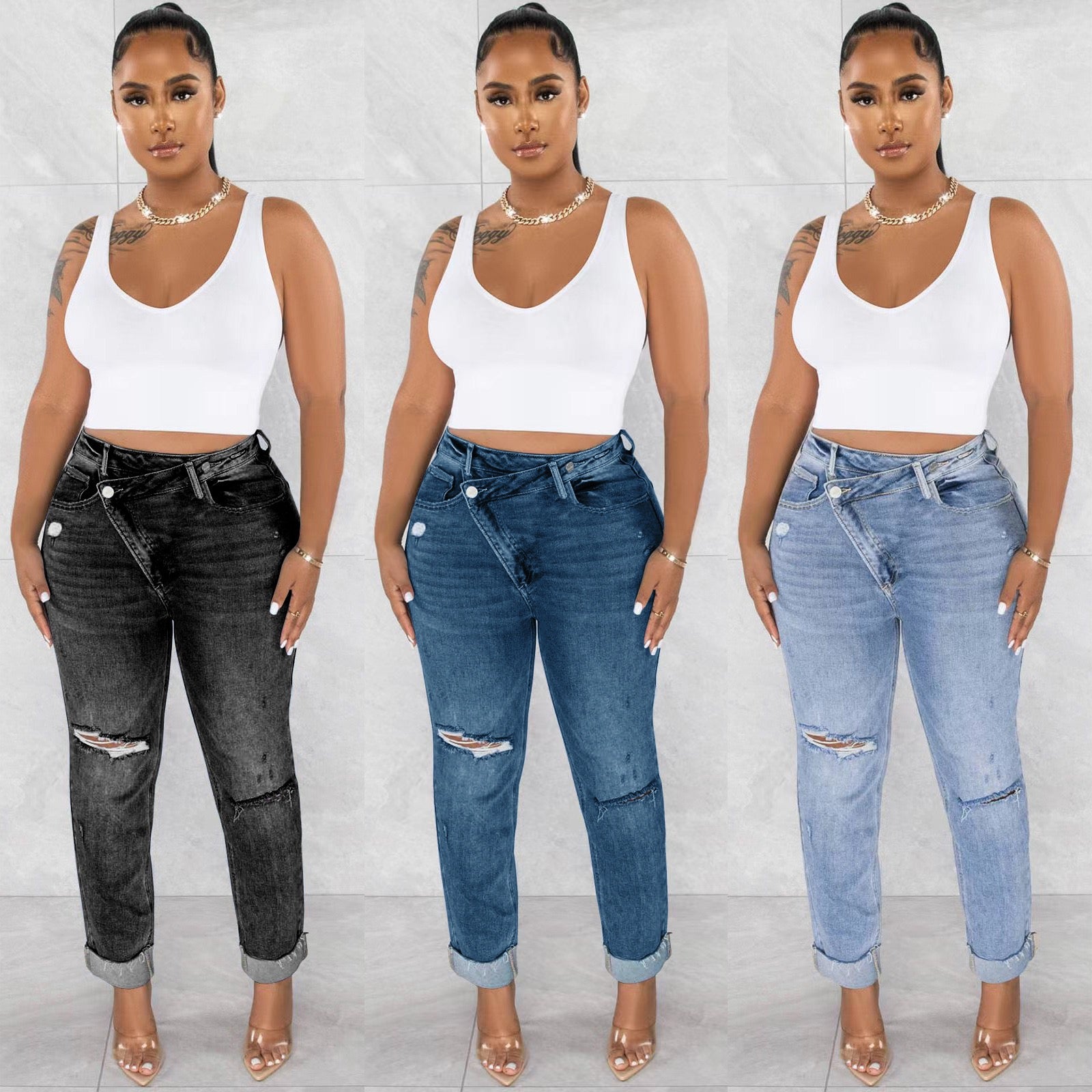 Distressed Drop Button Jeans