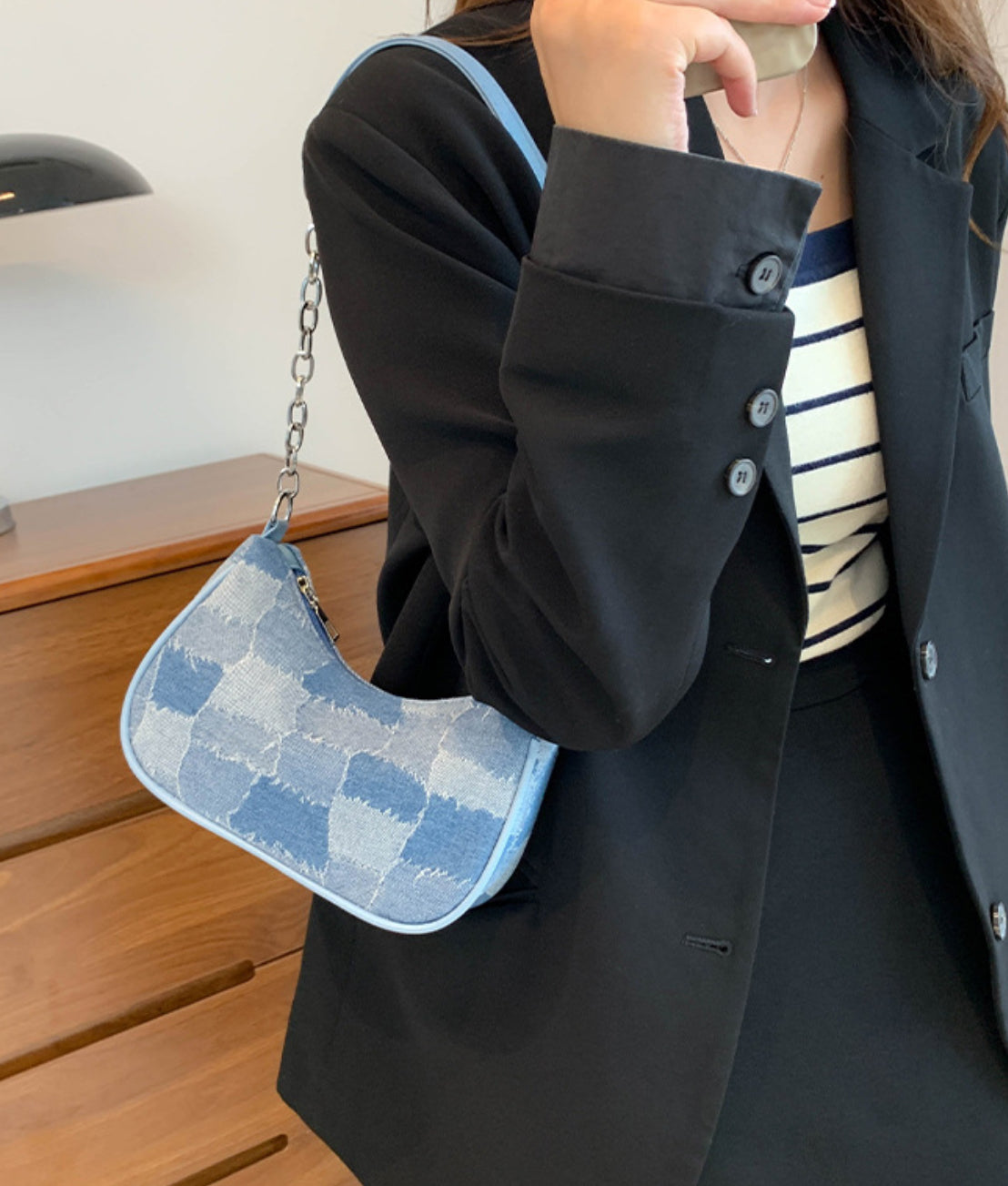 Denim Mosaic Chain Handbag
