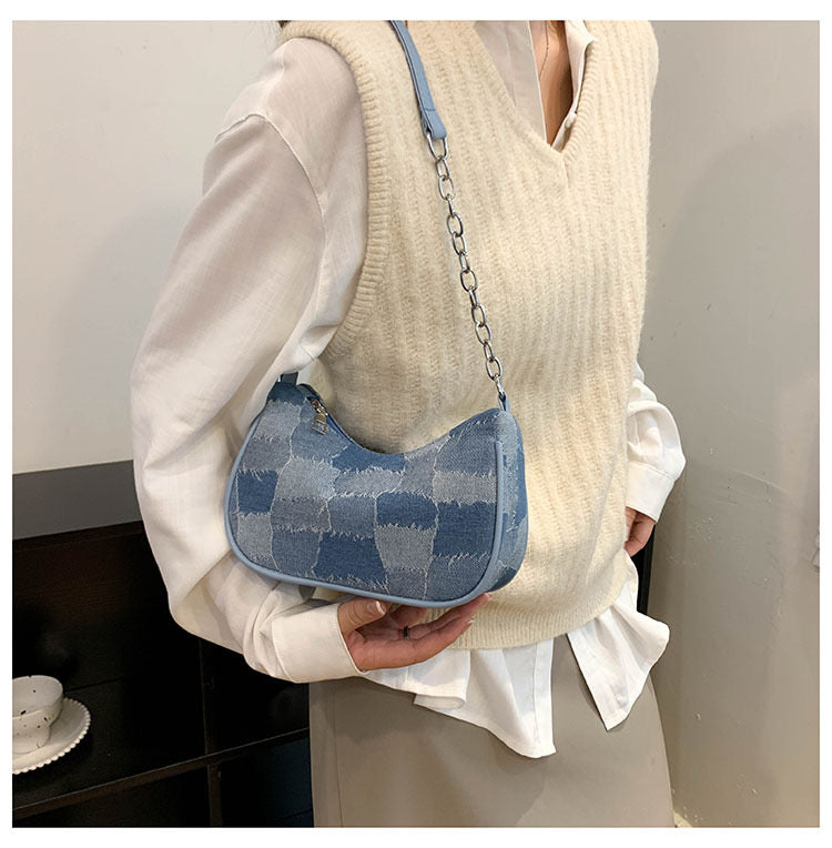 Denim Mosaic Chain Handbag