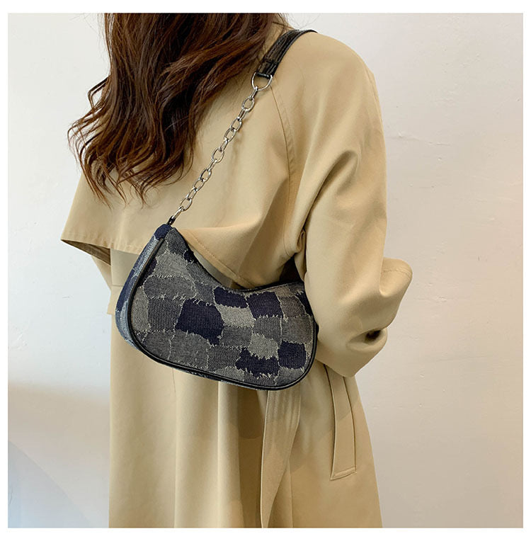 Denim Mosaic Chain Handbag